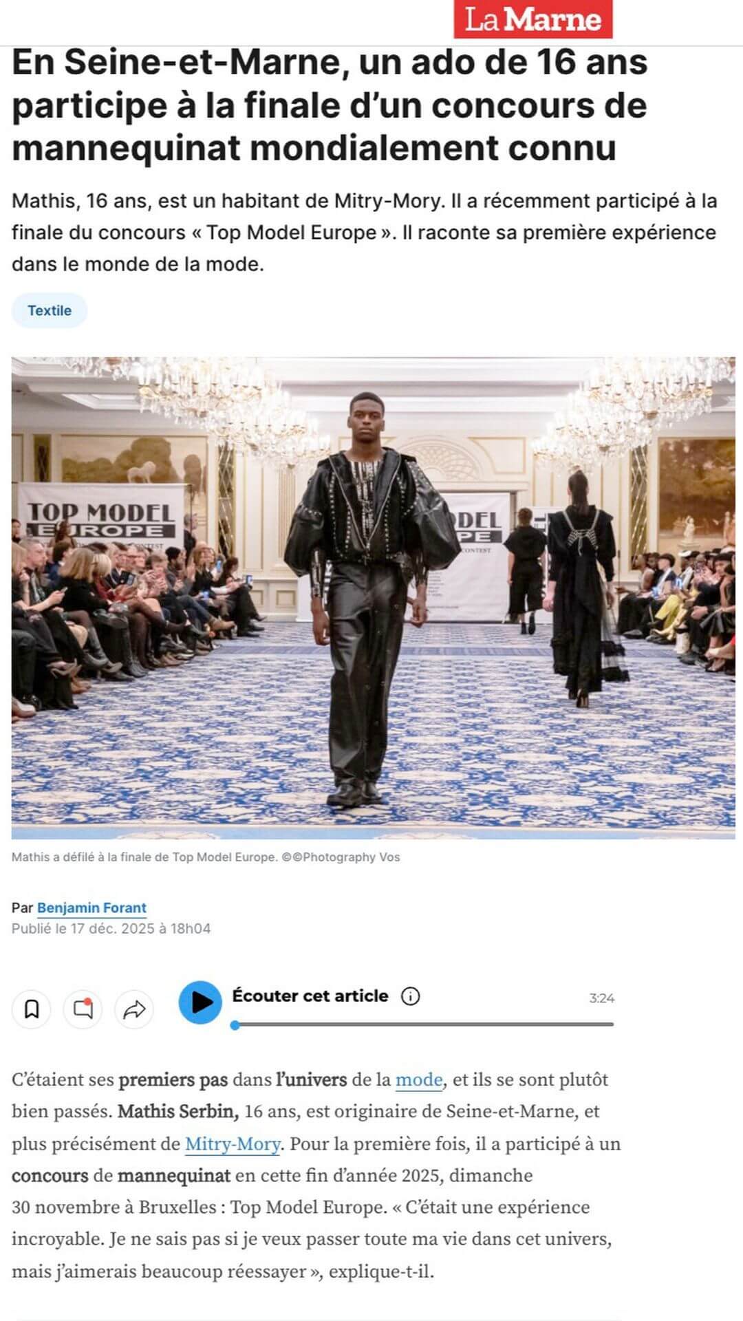 Article de presse sur Mathis, finaliste du concours Top Model Europe