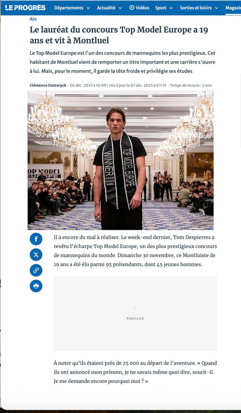 Article de presse sur Tom, lauréat du concours Top Model Europe 2025