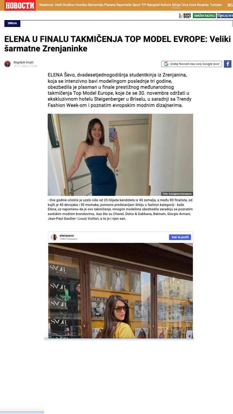 Top Model Europe – Article de presse sur Elena (Serbie, 2025) Article de presse serbe sur Elena, finaliste de Top Model Europe 2025