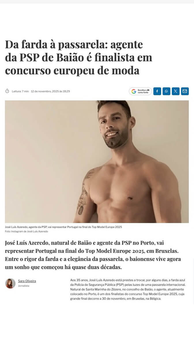 Top Model Europe – Article de presse sur José Luís (Portugal, 2025) Article de presse portugais sur José Luís, finaliste du concours Top Model Europe 2025