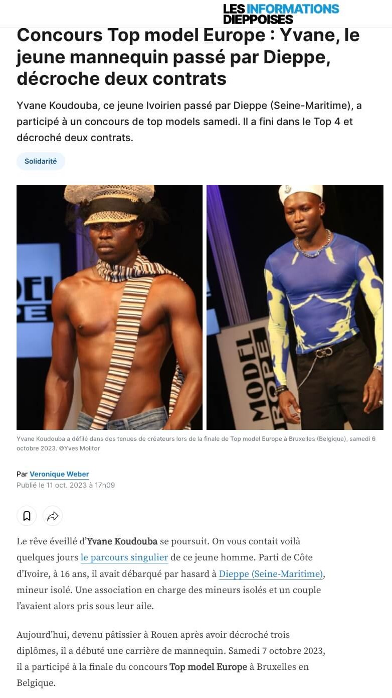 Top Model Europe – Article de presse sur Yvane (2023) Article de presse sur Yvane, finaliste du concours Top Model Europe