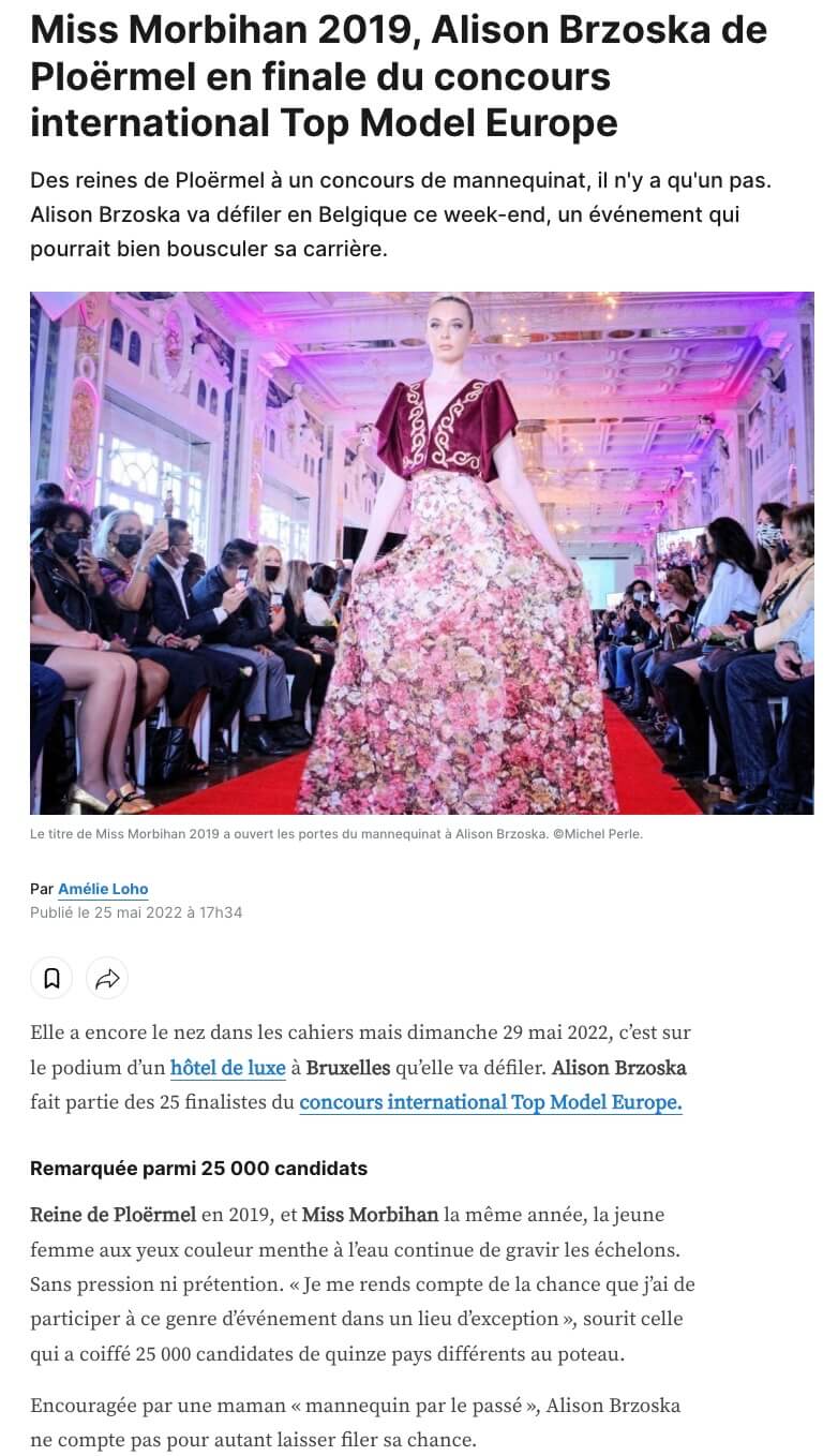 Article de presse sur Alison, finaliste du concours Top Model Europe 2022