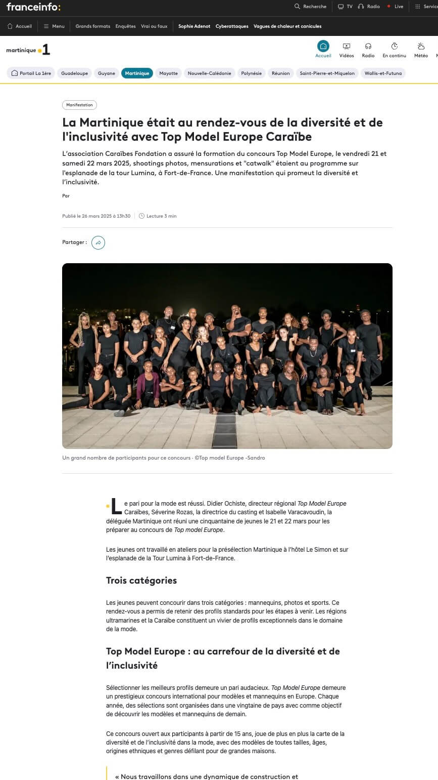 Article de Martinique La 1ère sur Top Model Europe Caraïbe en Martinique